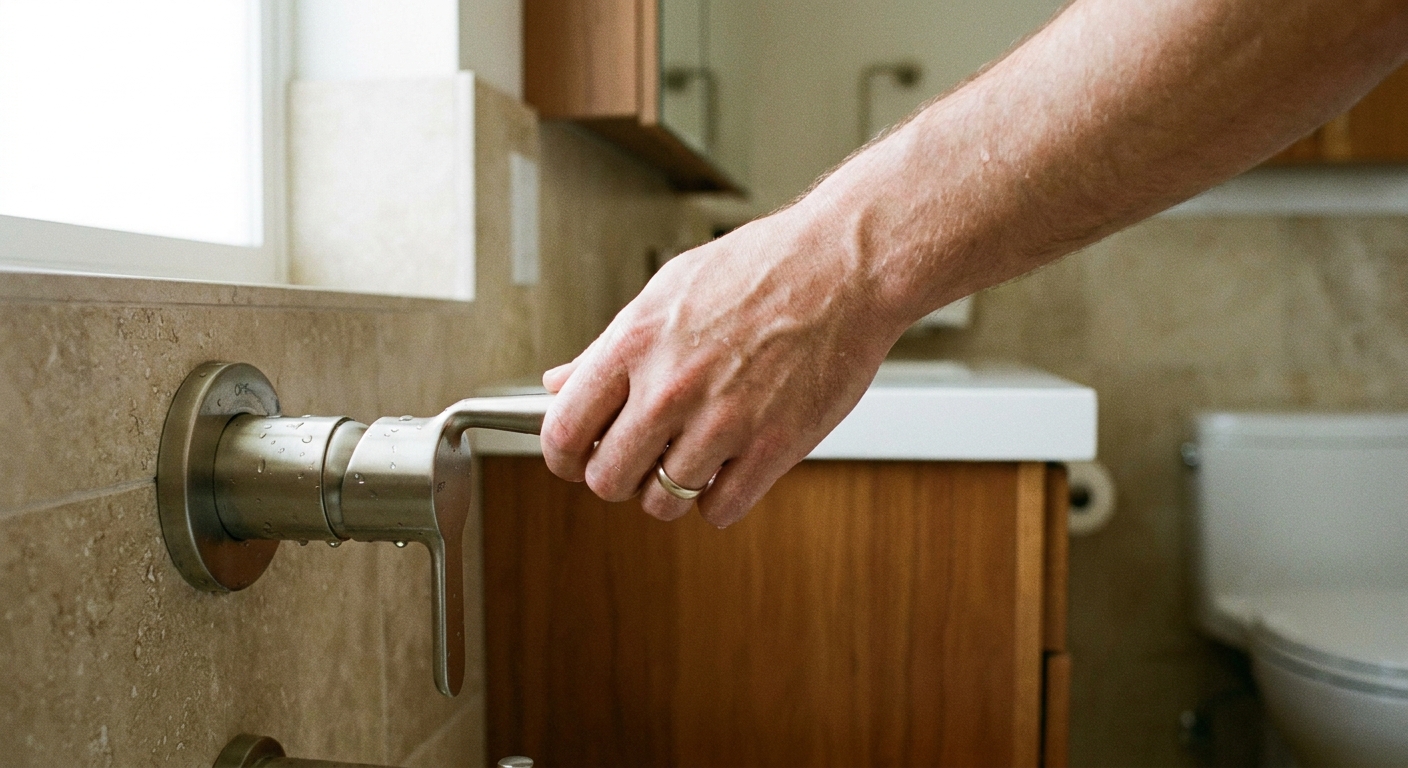 A real photo of a person’s hand turning a modern shower handle to the off position in a neutral-toned bathroom