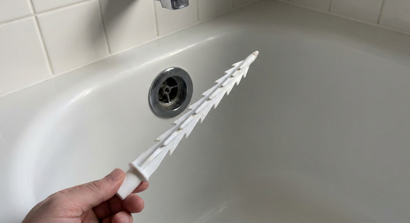 A real photo of a plastic barbed drain snake tool held above a bathtub drain, with a clean white tub surface and simple bathroom tile in the background
