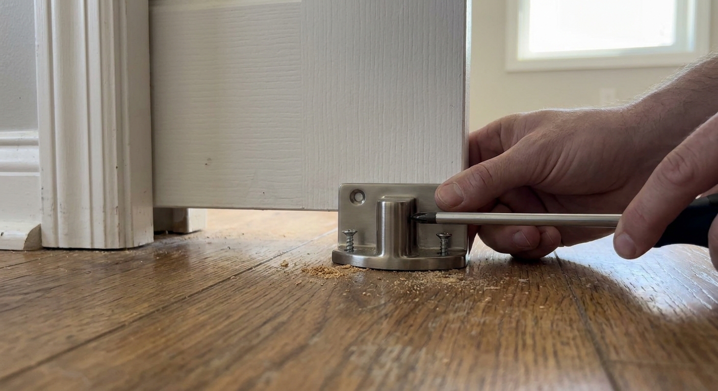 A real photo of a pocket door floor guide at the base of a doorway, with a screwdriver positioned to tighten the guide screws on a wood or laminate floor