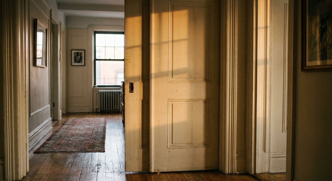 A real photo of a pocket door partially closed in a softly lit apartment hallway, with warm evening light and subtle shadows on the door and trim