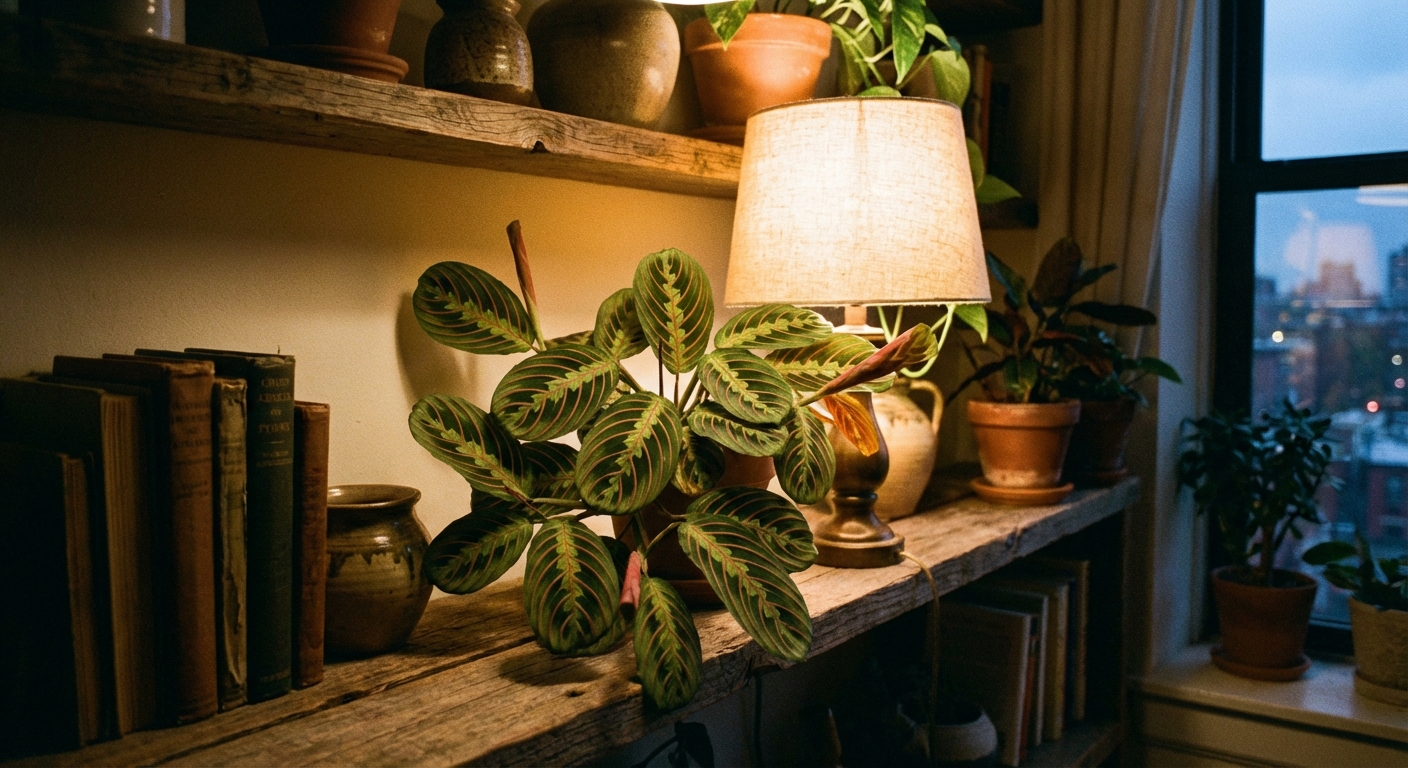 A real photo of a prayer plant with patterned green and red leaves sitting on a wooden shelf in a low-light apartment, warm lamp glow nearby