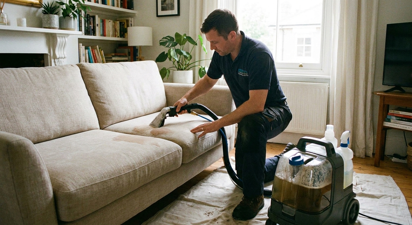 A real photo of a professional upholstery cleaner gently treating a stained fabric sofa cushion with a handheld extraction tool in a home living room