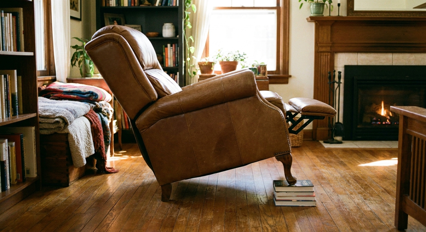 A real photo of a recliner in a cozy living room sitting slightly tilted on a hardwood floor, with a noticeable gap under one front corner