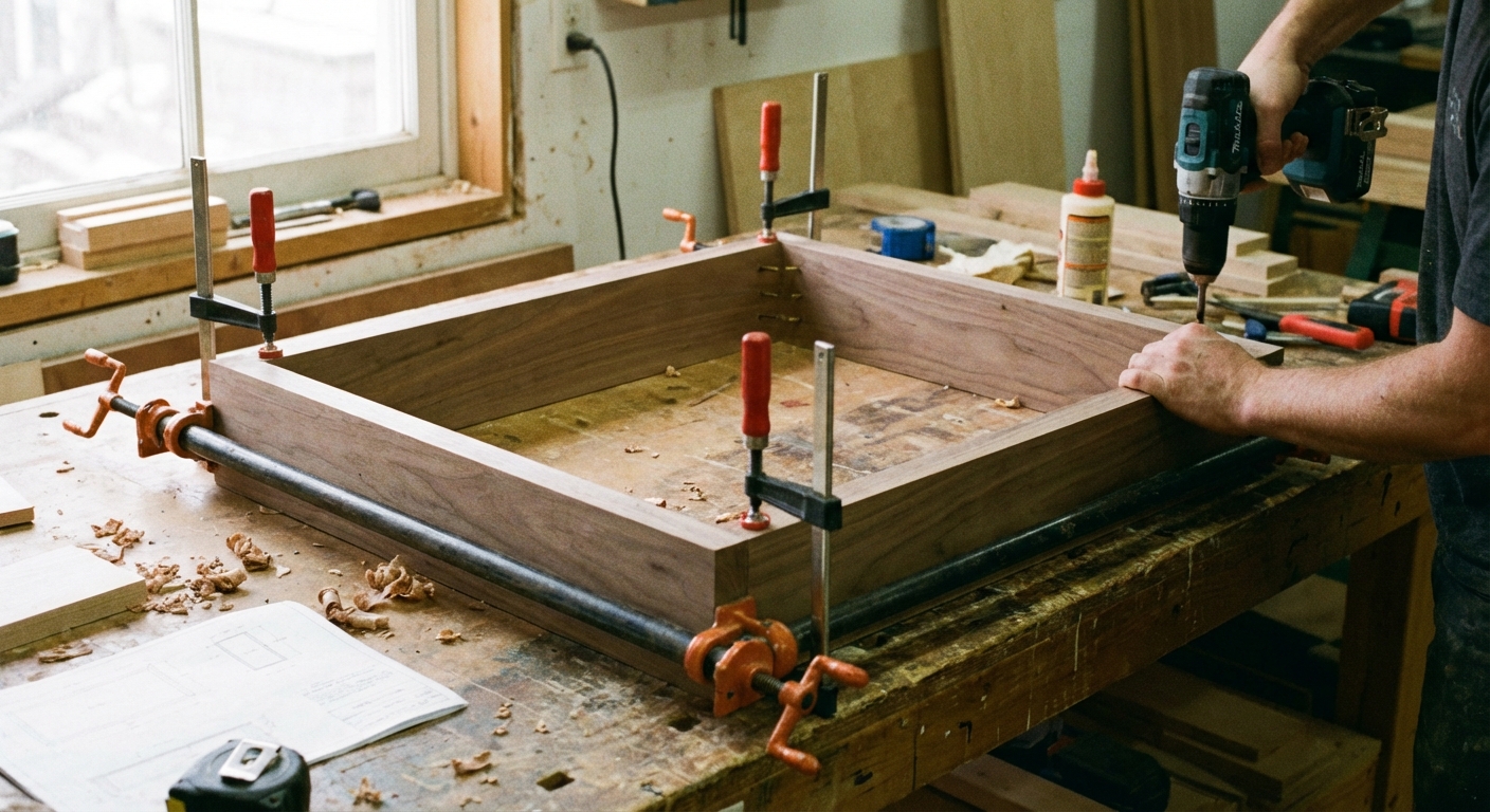 A real photo of a rectangular coffee table apron frame being assembled on a workbench, with clamps holding boards square while screws are driven in