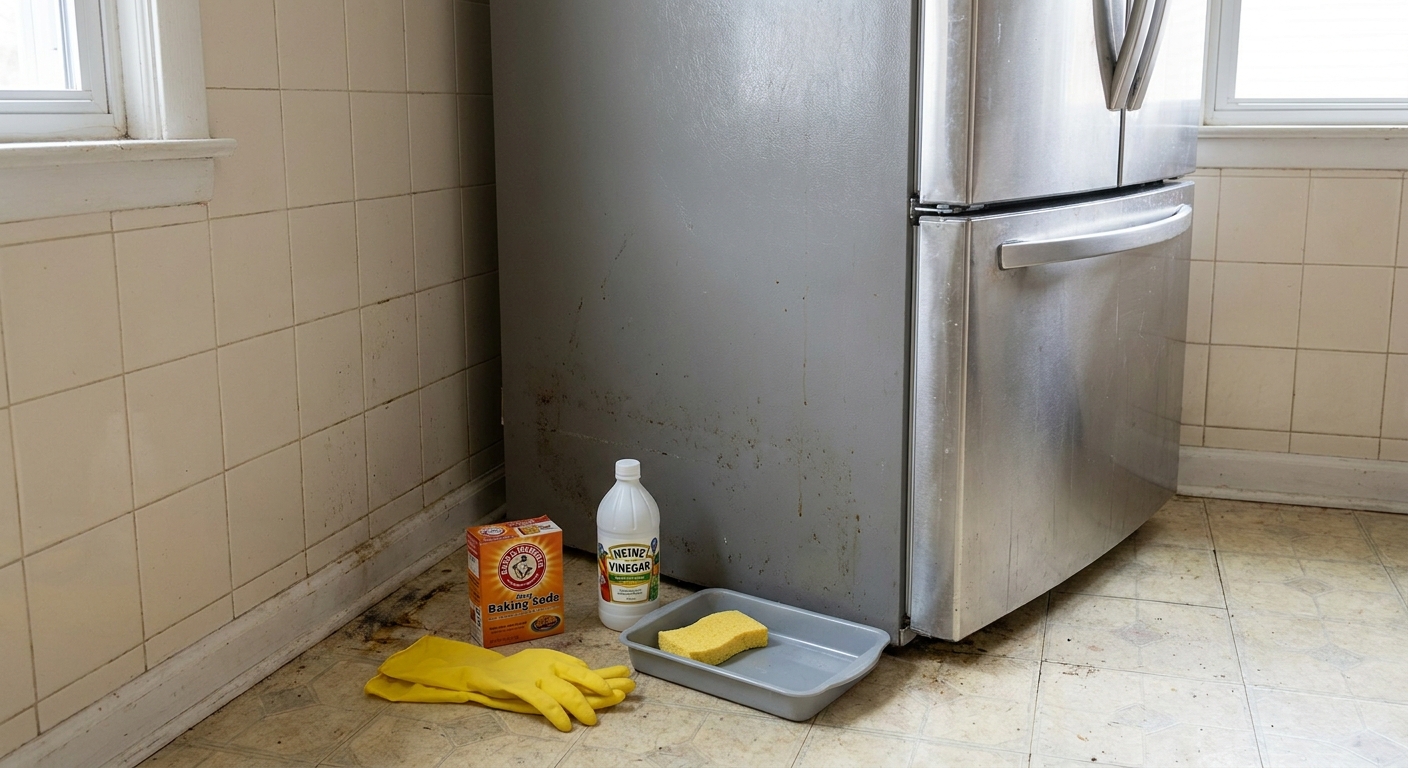 A real photo of a refrigerator pulled slightly away from a kitchen wall with gloves, baking soda, white vinegar, a sponge, and a shallow plastic tray on the floor ready for cleaning