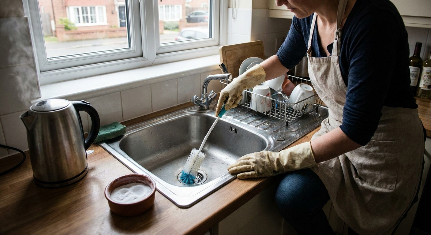 A real photo of a renter cleaning a stainless steel kitchen sink drain using a long narrow drain brush beside a small bowl of baking soda and a kettle on the counter