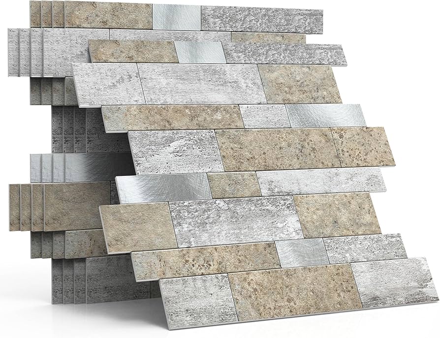 A real photo of a renter installing a 3D peel-and-stick tile panel backsplash with visible raised grout lines, using a small level and a utility knife on a kitchen counter