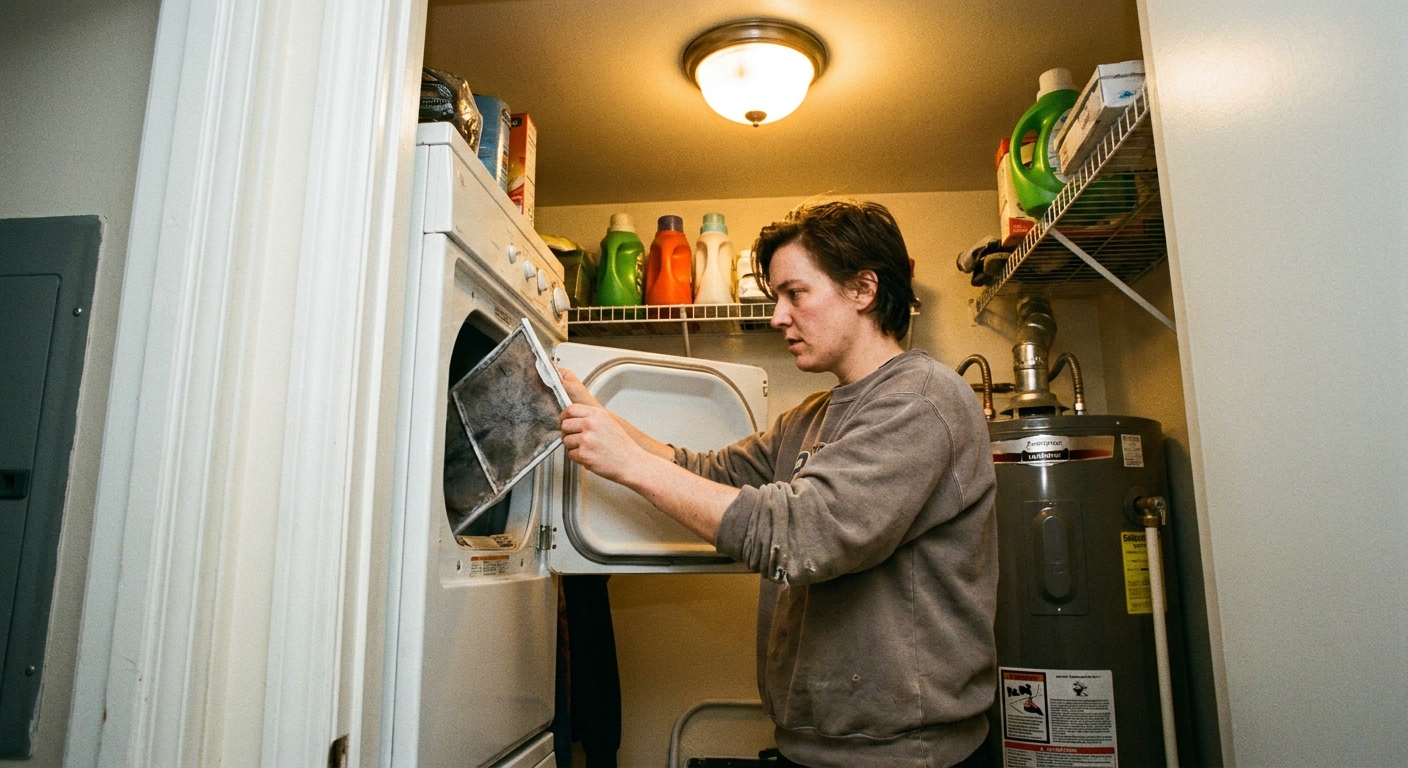 A real photo of a renter pulling a lint screen out of a dryer in a small apartment laundry closet, warm indoor lighting