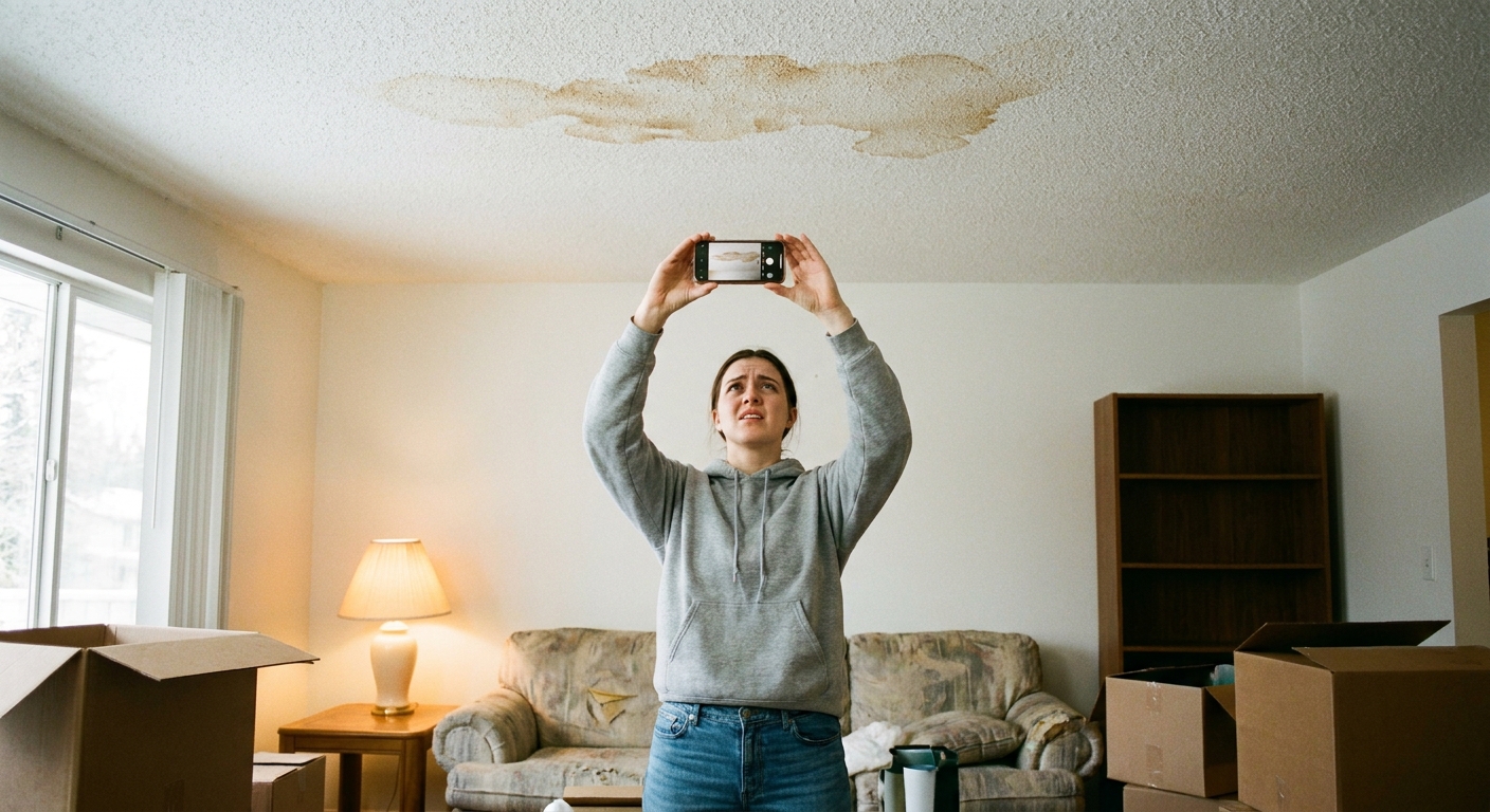 A real photo of a renter standing in a living room holding a smartphone up to photograph a brown water stain on a white ceiling, casual indoor lighting