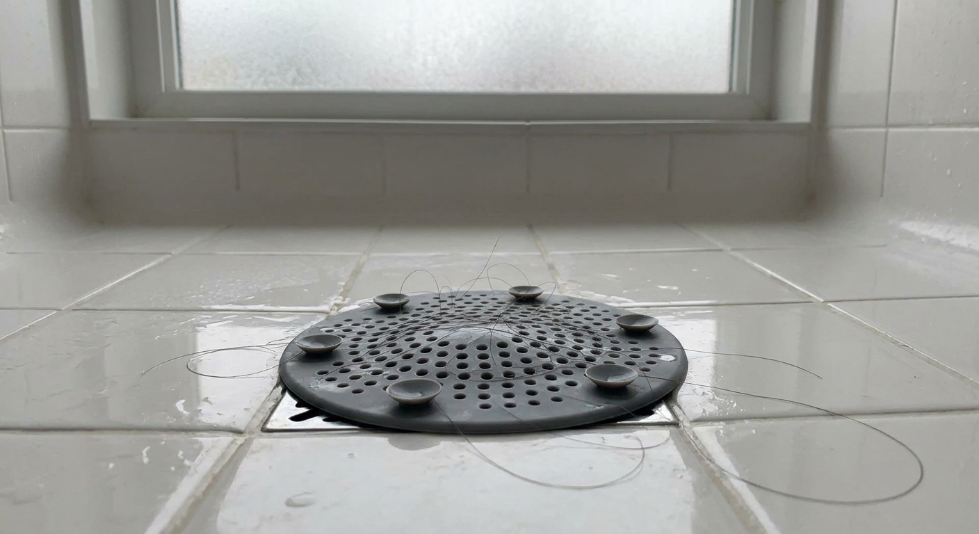 A real photo of a round silicone hair catcher sitting over a shower drain on white tub flooring with a few strands of hair visible, soft natural light