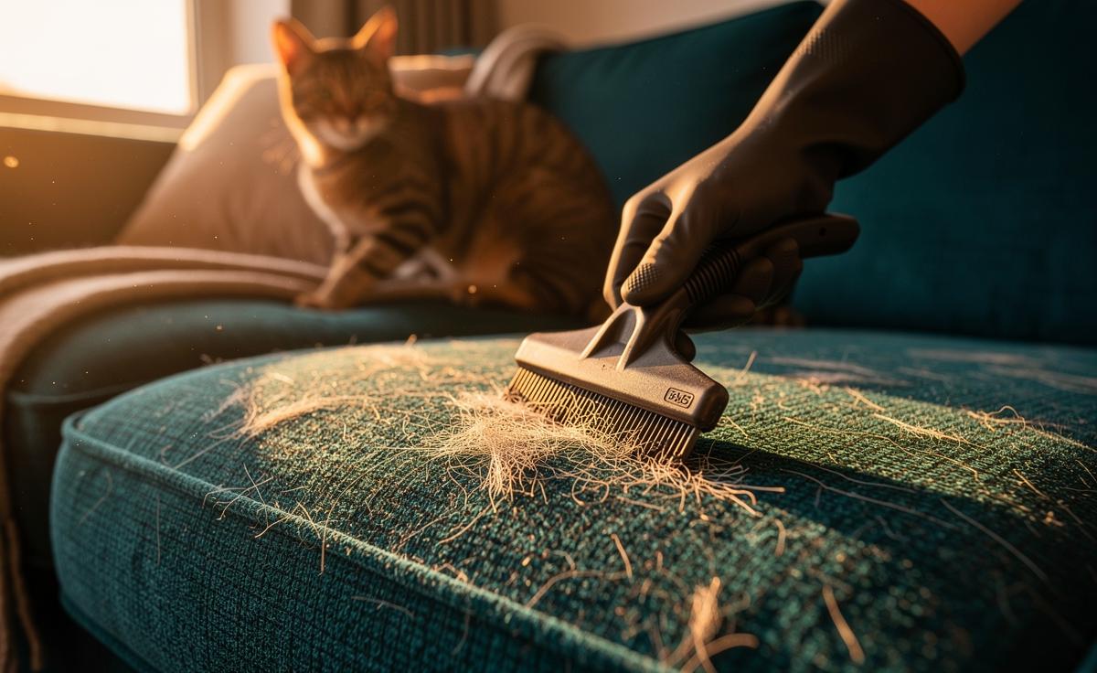 A real photo of a rubber pet hair brush being used on a brown corduroy couch cushion, pulling light-colored pet hair out of the fabric grooves