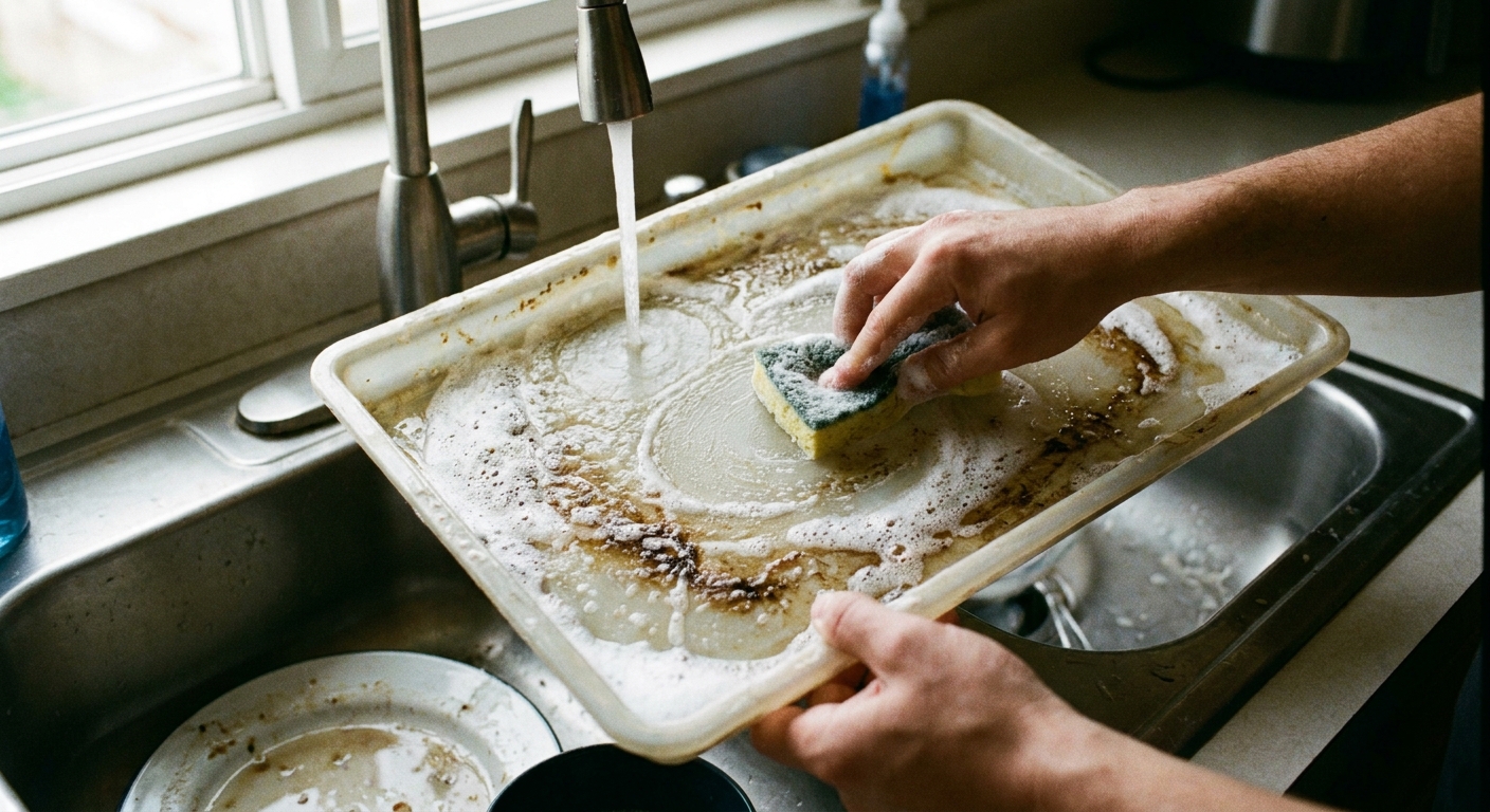 A real photo of a shallow plastic refrigerator drip pan being scrubbed in a kitchen sink with a soft sponge and soapy water