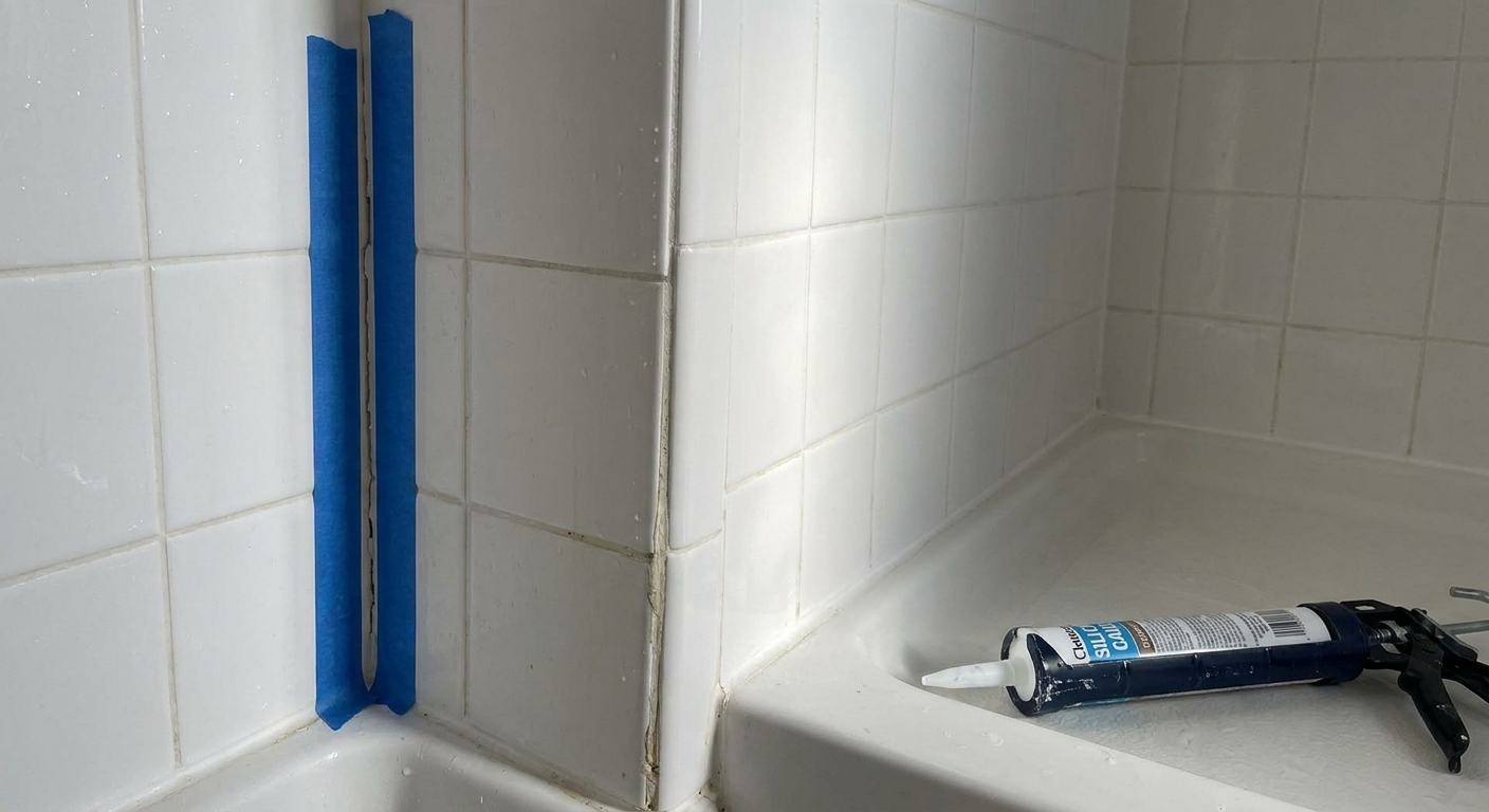 A real photo of a shower corner seam masked with painter’s tape on both sides, ready for a fresh bead of caulk
