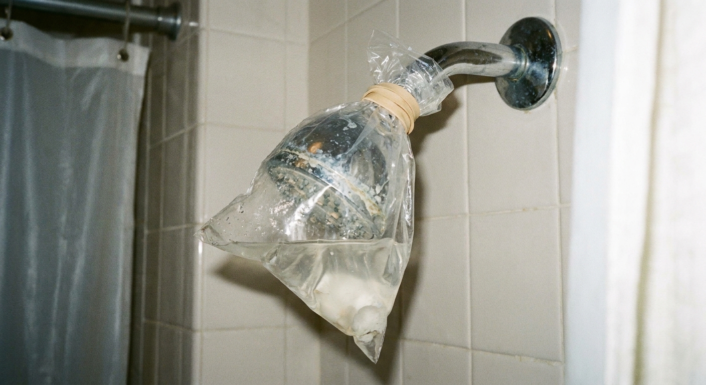 A real photo of a shower head wrapped in a clear plastic bag partially filled with vinegar, secured with a rubber band