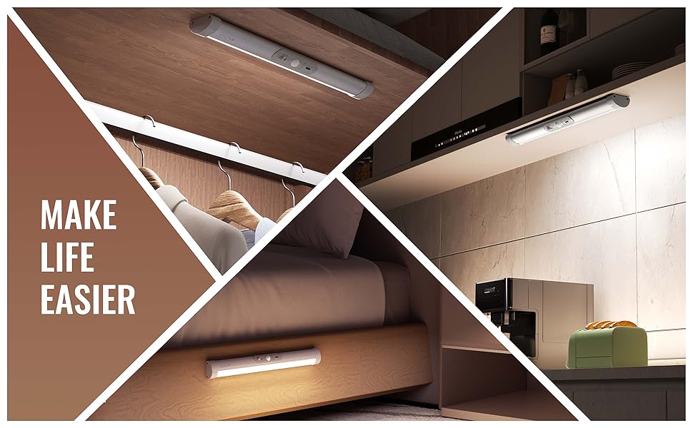 A real photo of a slim rechargeable motion sensor light bar mounted under a closet header, casting even light onto hanging clothing