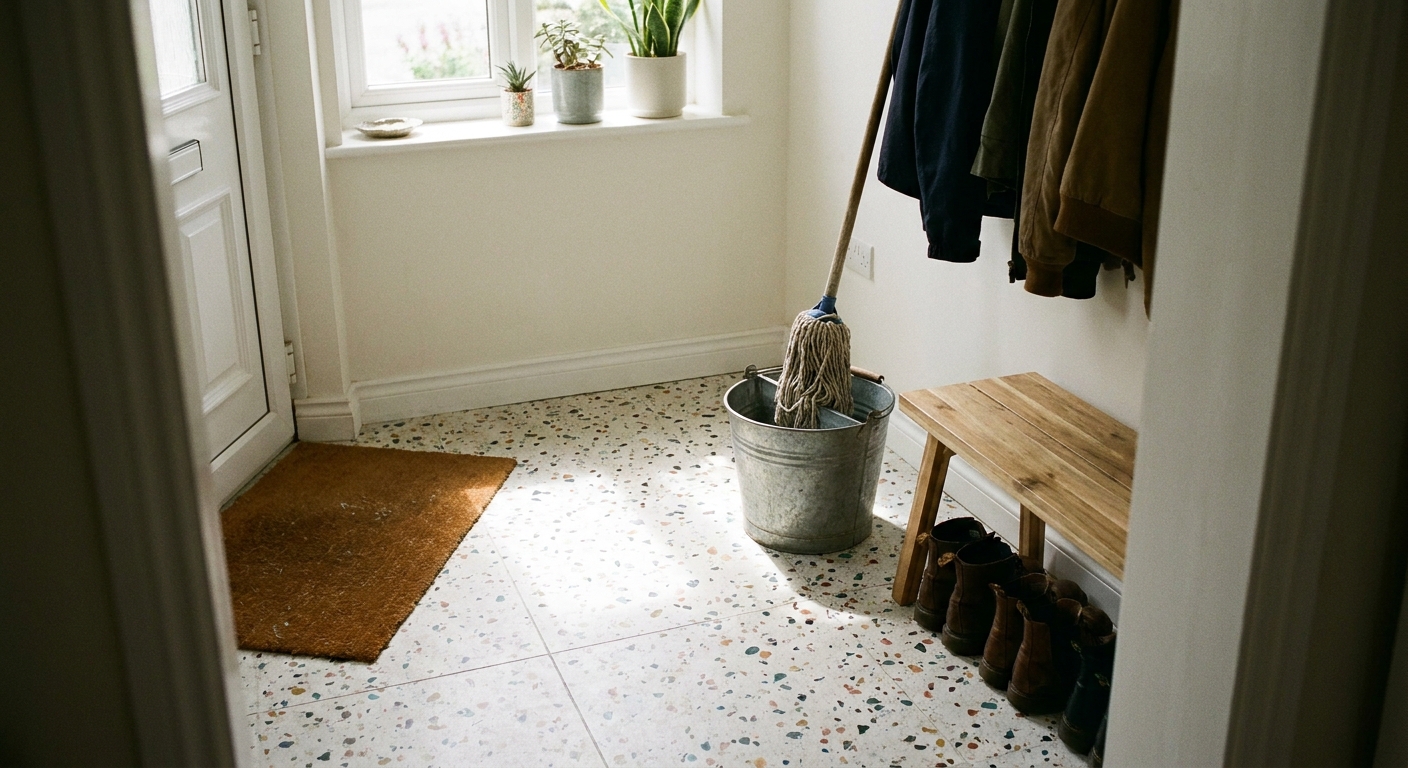 A real photo of a small apartment entryway with a speckled terrazzo floor, a simple mop bucket, and soft daylight coming through a nearby window