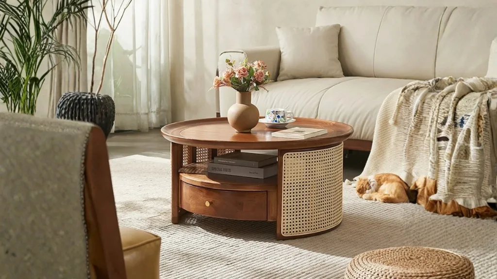 A real photo of a small apartment living room with a round vintage wooden coffee table, a soft textured rug, and a sofa with cozy throw blankets in warm light