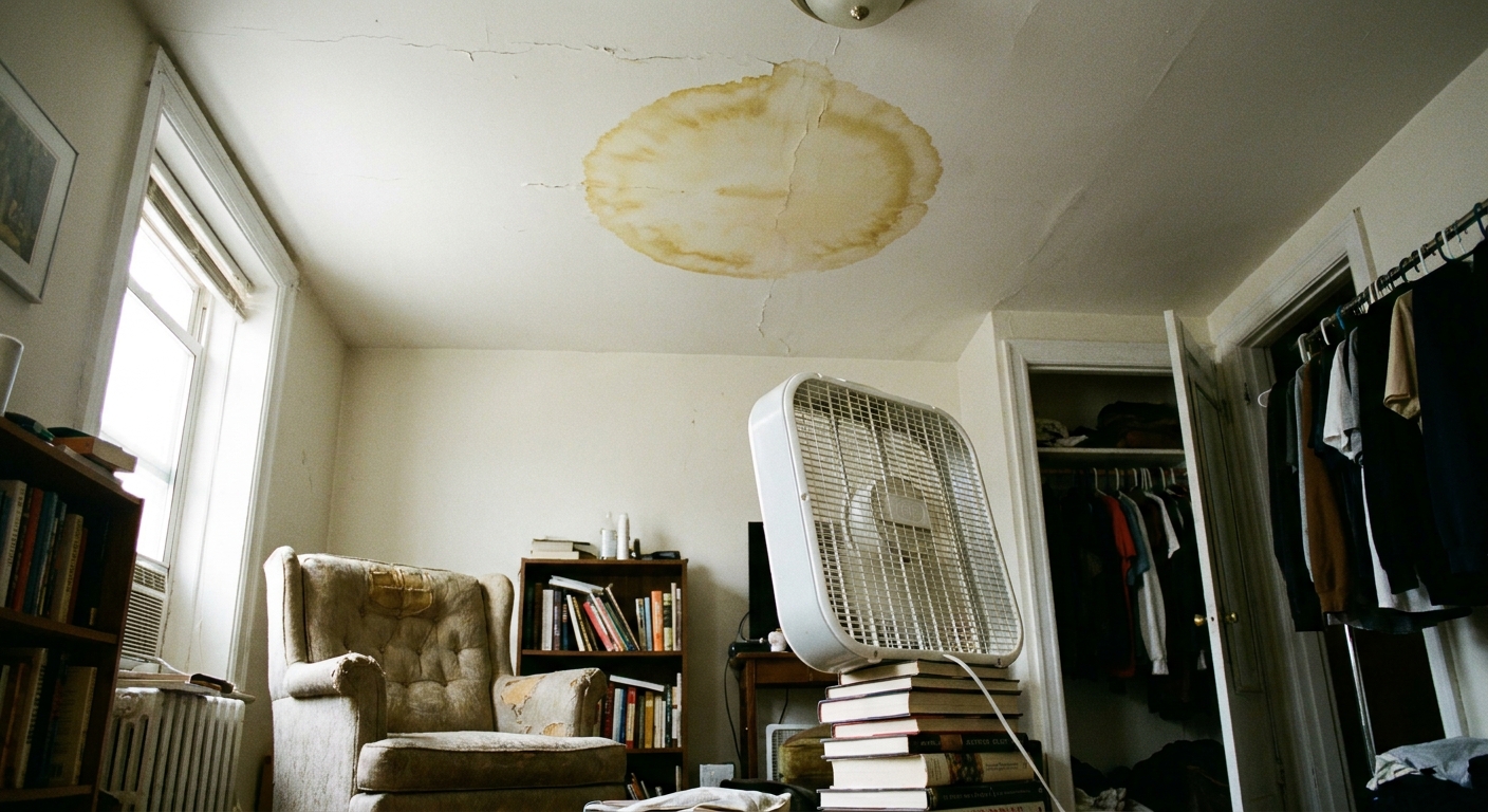 A real photo of a small apartment room with a yellow-brown water ring stain on a white ceiling and a box fan aimed upward to help dry the area, natural window light