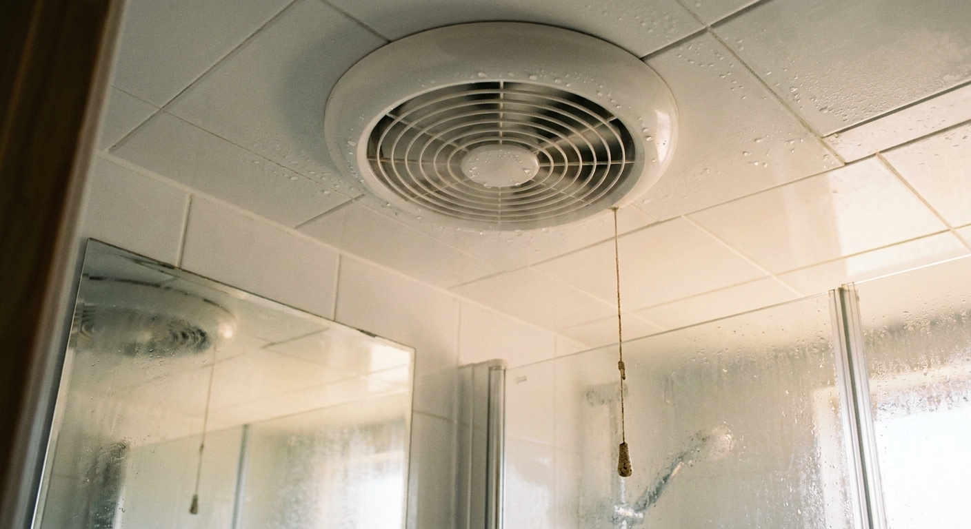 A real photo of a small bathroom ceiling exhaust fan turned on with soft steam in the air after a shower