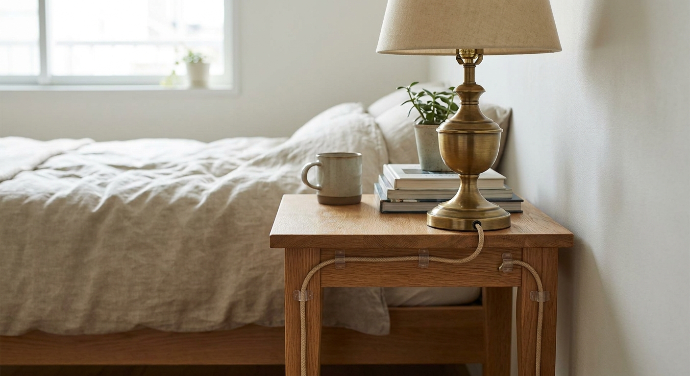 A real photo of a small bedroom nightstand with a vintage brass lamp, where the lamp cord is guided neatly down the back edge using small clear adhesive cord clips