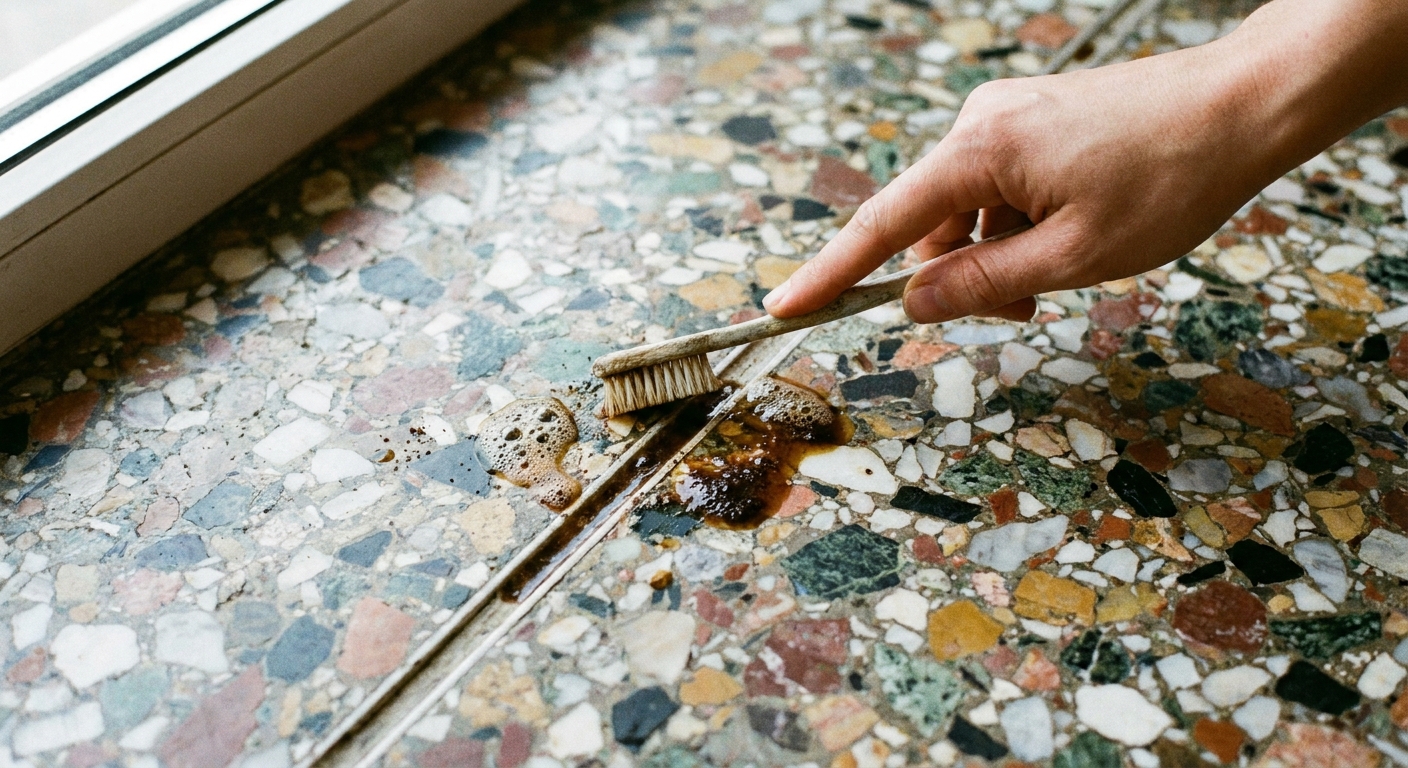 A real photo of a small coffee spill on a terrazzo floor being gently scrubbed along a narrow channel with a soft toothbrush
