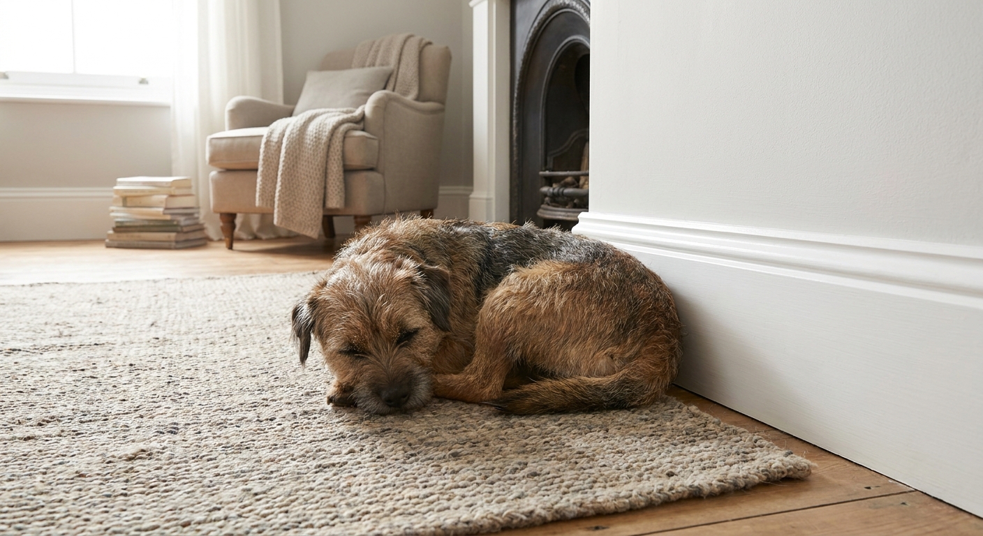A real photo of a small dog lying on a rug near a freshly painted white baseboard in a cozy living room, soft natural light