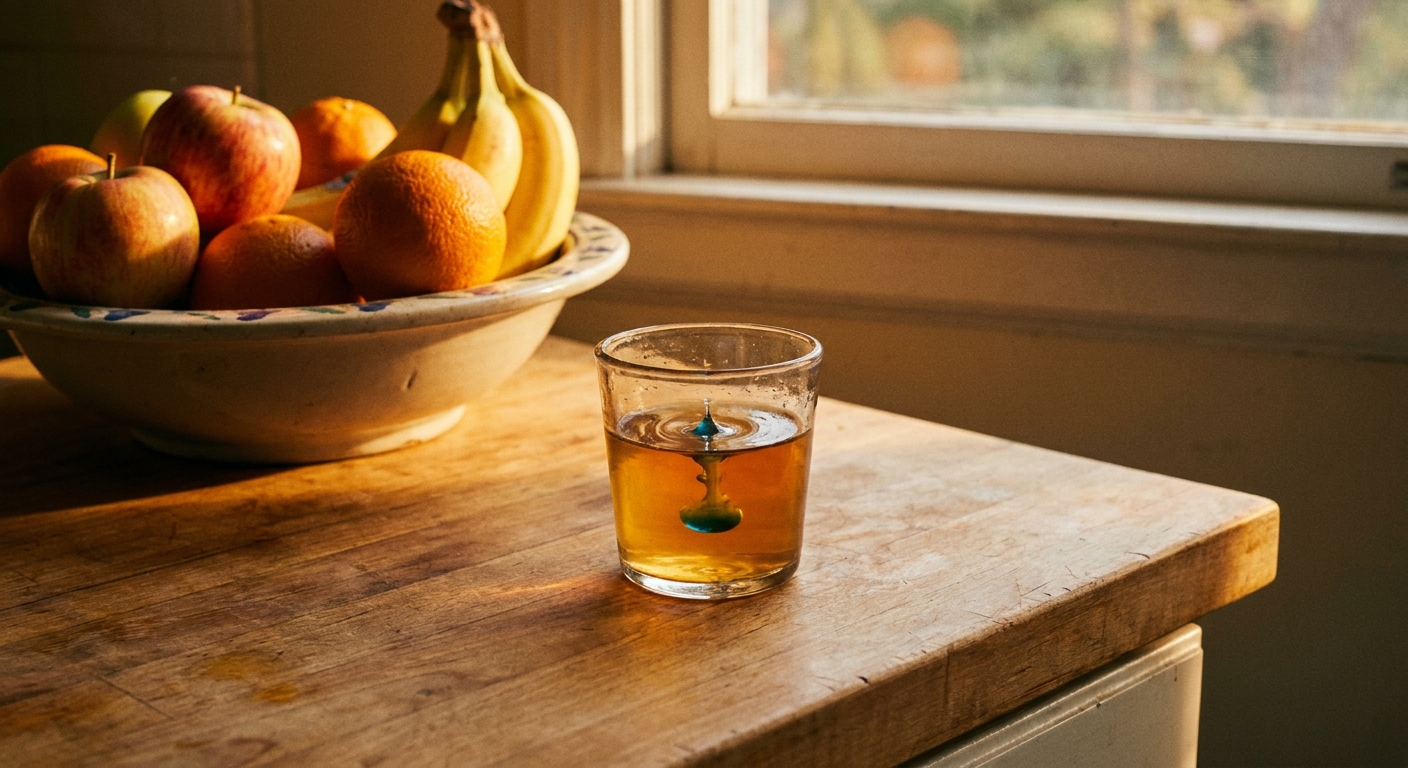 A real photo of a small glass containing apple cider vinegar with a drop of dish soap sitting on a kitchen counter near a fruit bowl in warm evening light