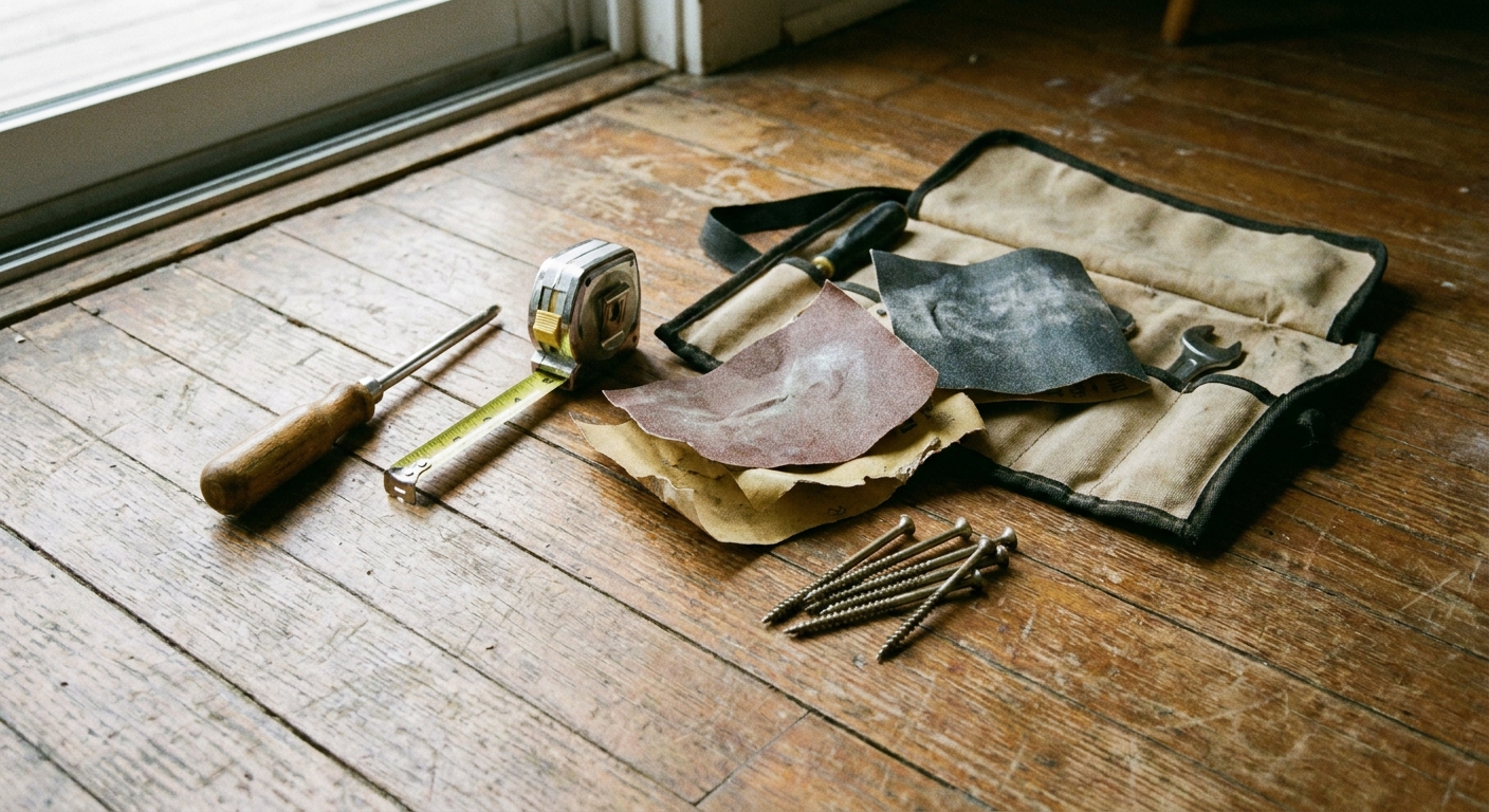 A real photo of a small home toolkit on a wooden floor with a screwdriver, a tape measure, sandpaper sheets, and a few longer wood screws laid out neatly