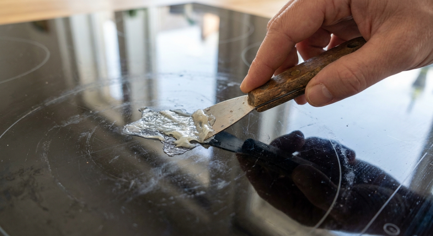 A real photo of a small melted plastic patch on a black glass cooktop being carefully lifted with a handled razor scraper