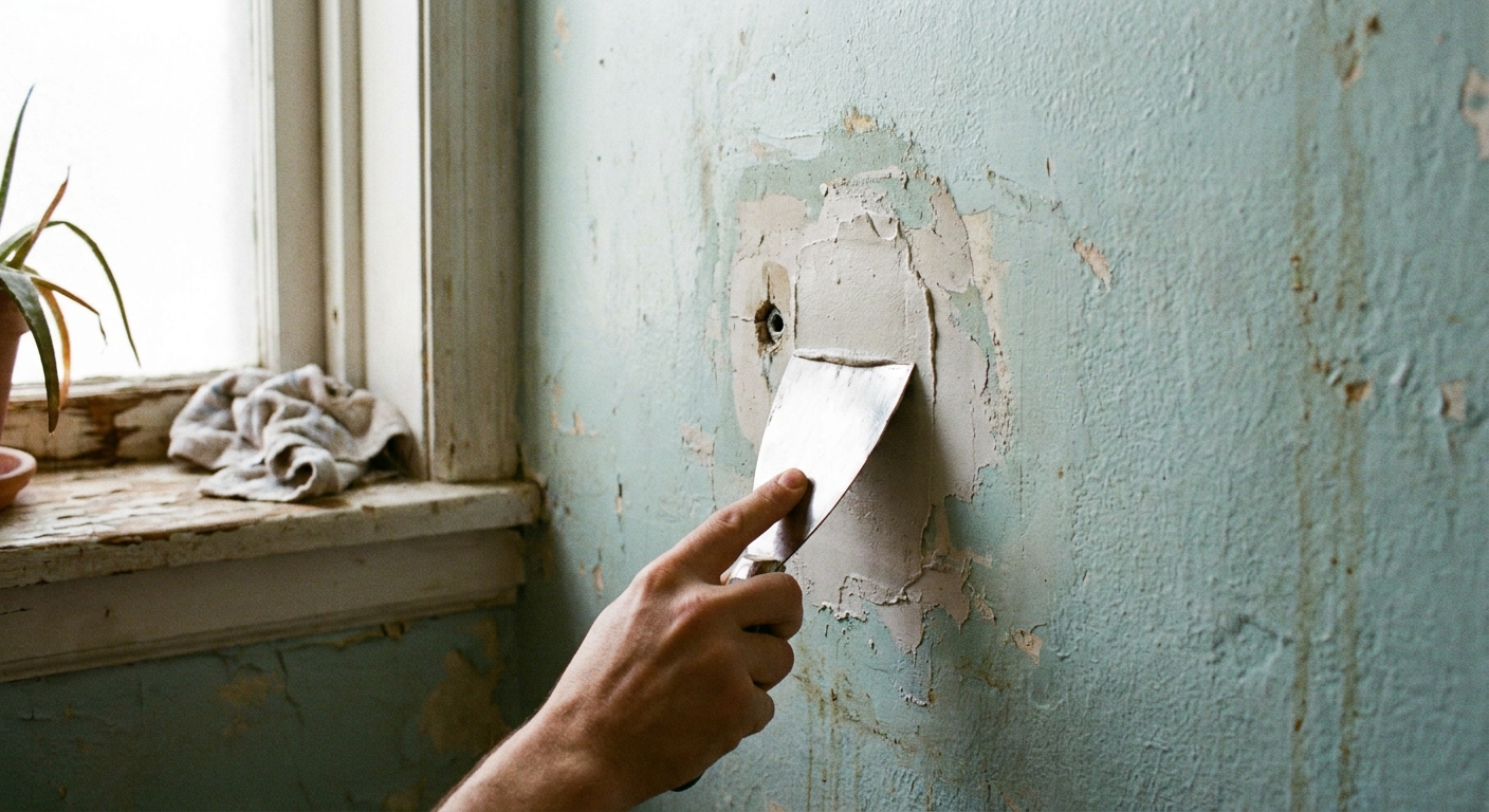 A real photo of a small patched area on a bathroom wall with a putty knife smoothing spackle over an old anchor hole, soft daylight coming from a nearby window