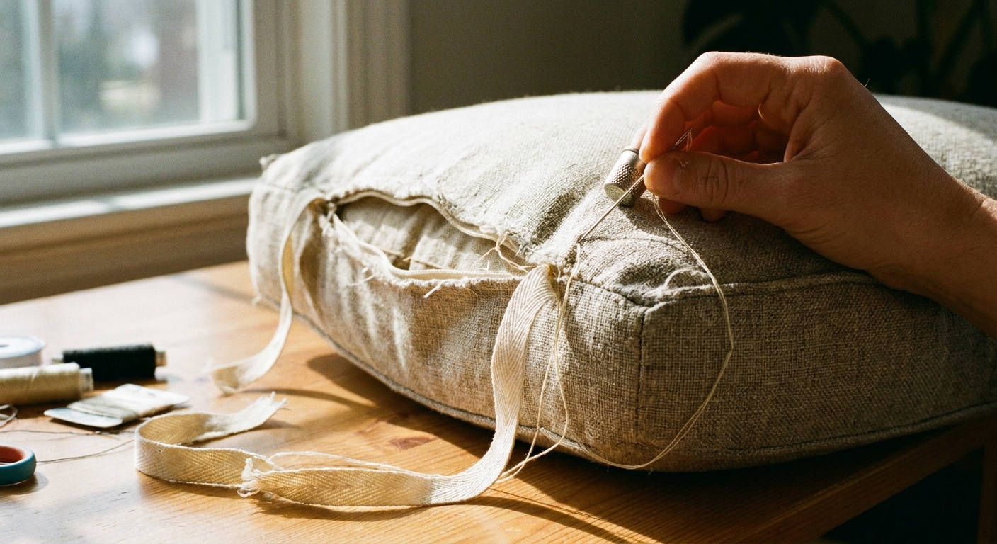 A real photo of a sofa back cushion corner with a cotton twill tape tie being hand-stitched back into the seam using a needle and thread