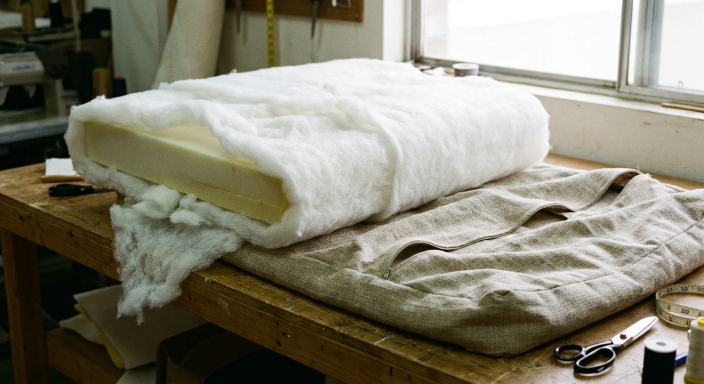 A real photo of a sofa cushion insert partially wrapped in white polyester batting on a work table, with the cushion cover nearby