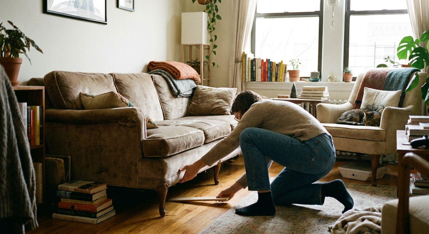 A real photo of a sofa in a lived-in apartment with one front leg slightly lifted while a person slides a thin furniture shim underneath, natural daylight, cozy styling