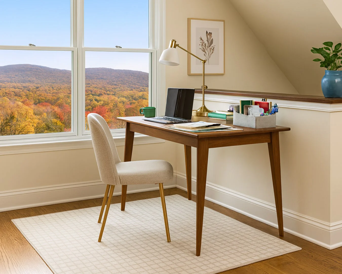A real photo of a studio apartment corner with a small desk, a slim task lamp, a flat weave rug under the desk area, and a compact office chair, daylight coming through a nearby window