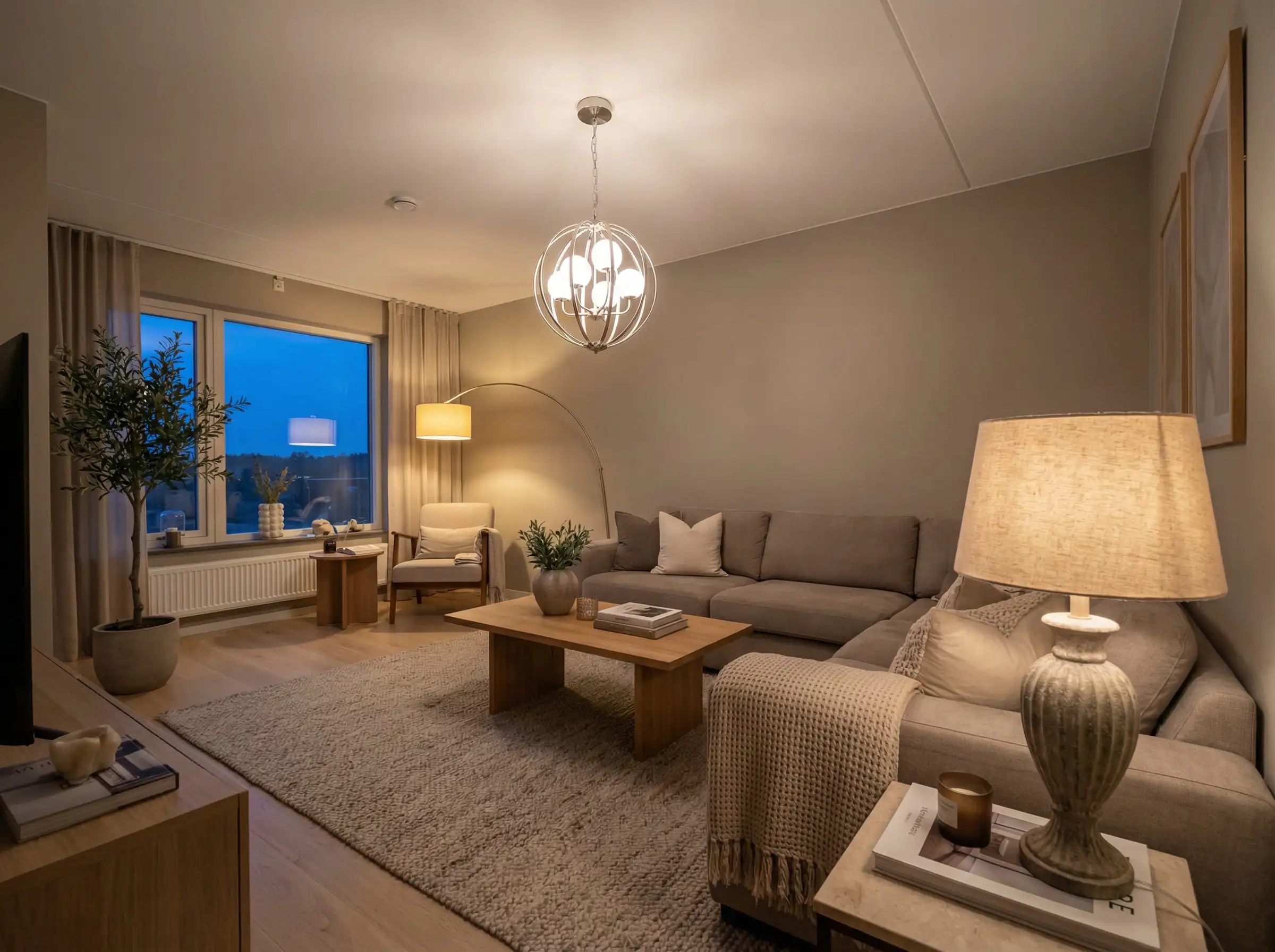 A real photo of a studio apartment living zone with a small sofa, a textured throw, a floor lamp and a table lamp casting warm light, and a rug defining the seating area at night