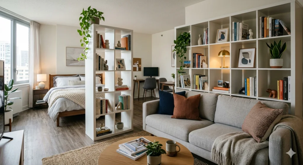 A real photo of a studio apartment where an open bookcase divider separates a bed from a small sofa, styled with books, woven baskets, and a trailing plant, warm ambient lighting