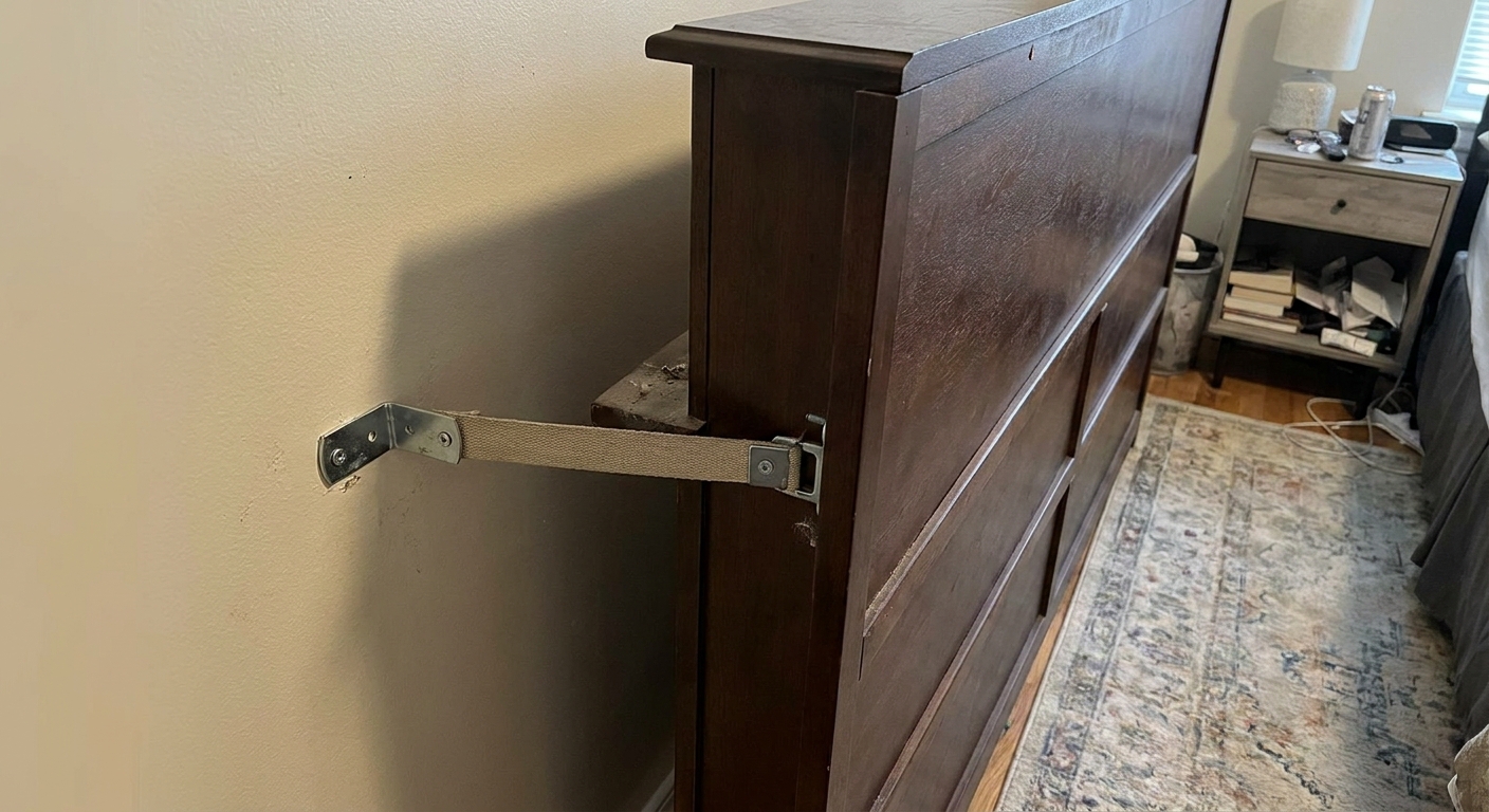 A real photo of a tall dresser secured to a drywall wall with a metal bracket and anti-tip strap, with a small gap behind the dresser showing the strap connection, renter apartment setting