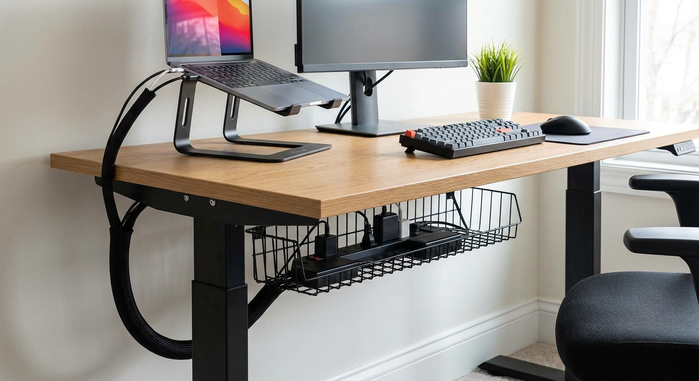 A real photo of a tidy home office desk where an under-desk cable tray holds a power strip and adapter bricks, with a single cable sleeve running down one desk leg