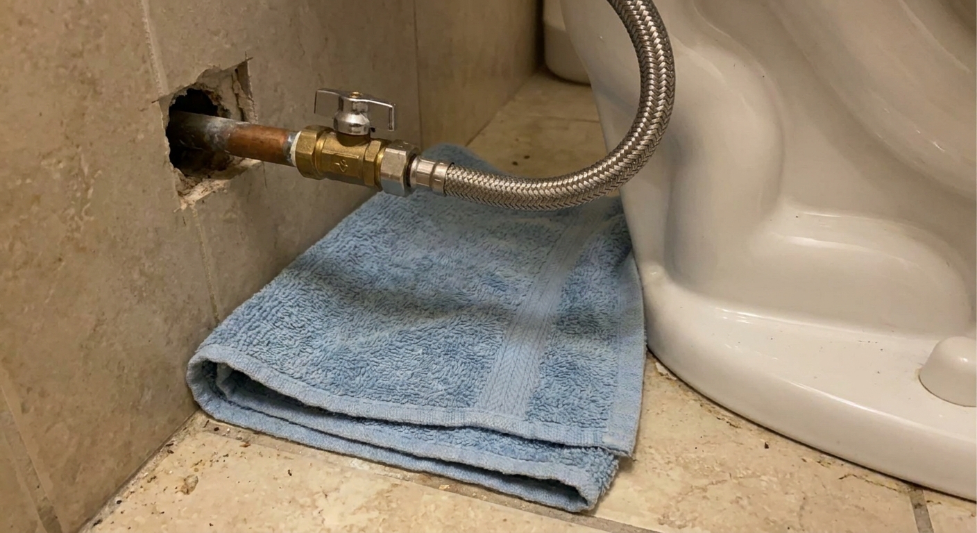 A real photo of a toilet shutoff valve area after removal of accessories, with the braided supply line connected normally and a dry towel on the floor showing no water