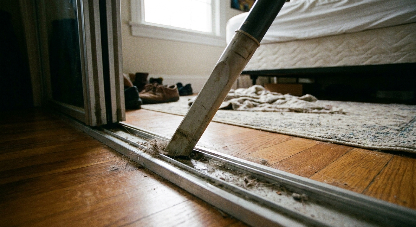 A real photo of a vacuum crevice tool cleaning dust and debris from a metal sliding closet door track on the floor in a bedroom