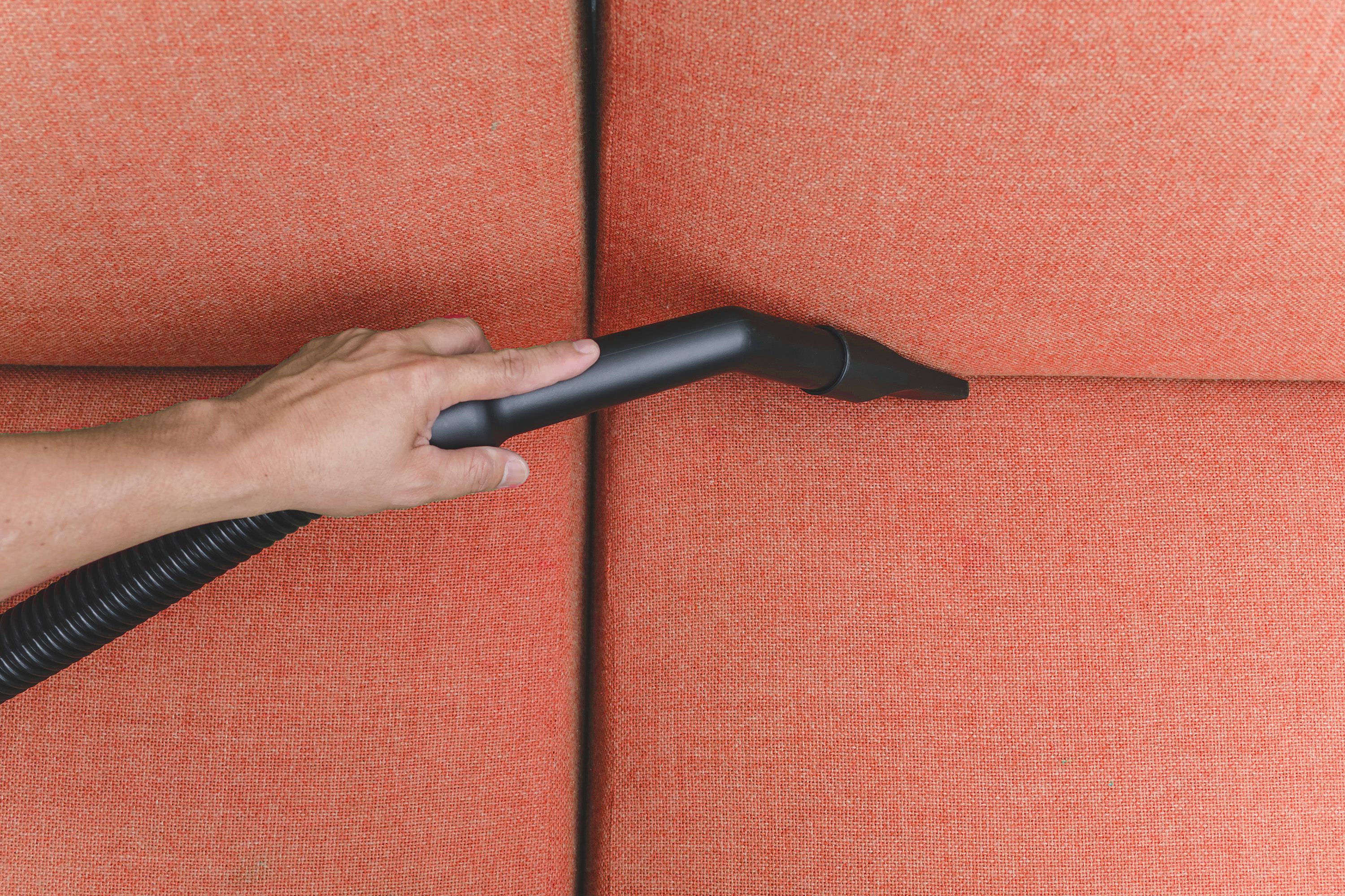 A real photo of a vacuum upholstery attachment cleaning along the seam of a light linen sofa cushion in natural window light