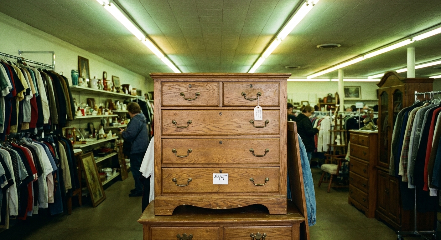 A real photo of a vintage wooden dresser with brass pulls sitting in a thrift store aisle under fluorescent lights