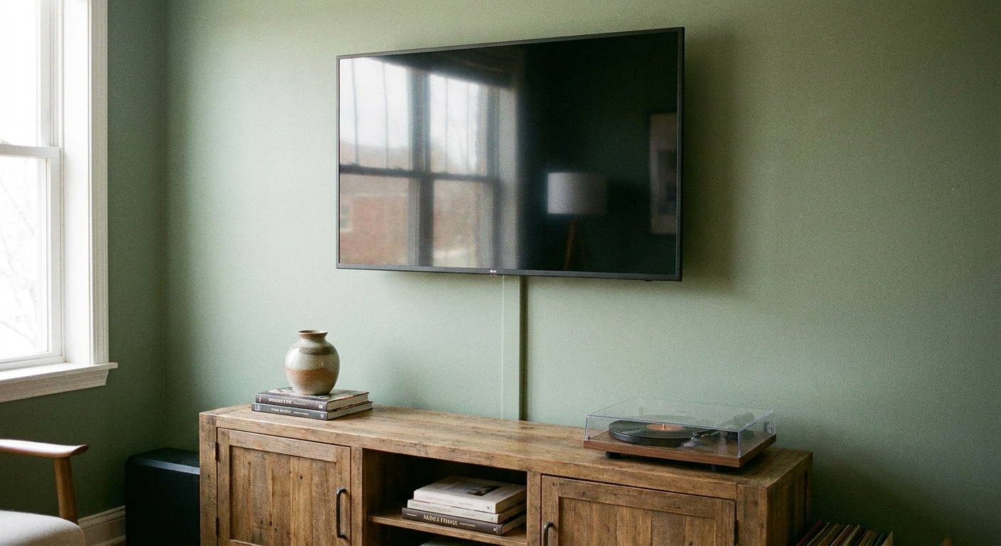 A real photo of a wall-mounted television above a wooden media console, with a slim painted cable raceway running vertically down to the console and no visible dangling wires
