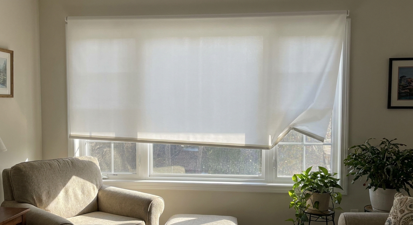A real photo of a white roller shade partially lowered in a bright living room window, with one side slightly sagging as it slowly creeps downward