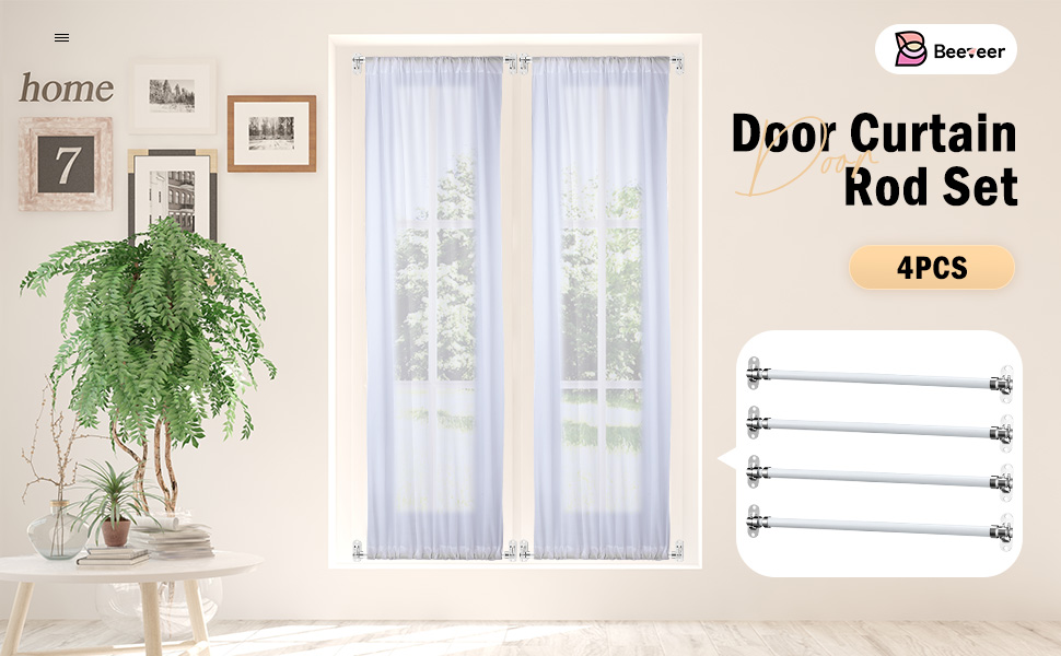 A real photo of a wide sliding patio door with white curtains hanging from a brass traverse rod, the fabric drawn neatly to the sides with even pleats in warm evening light