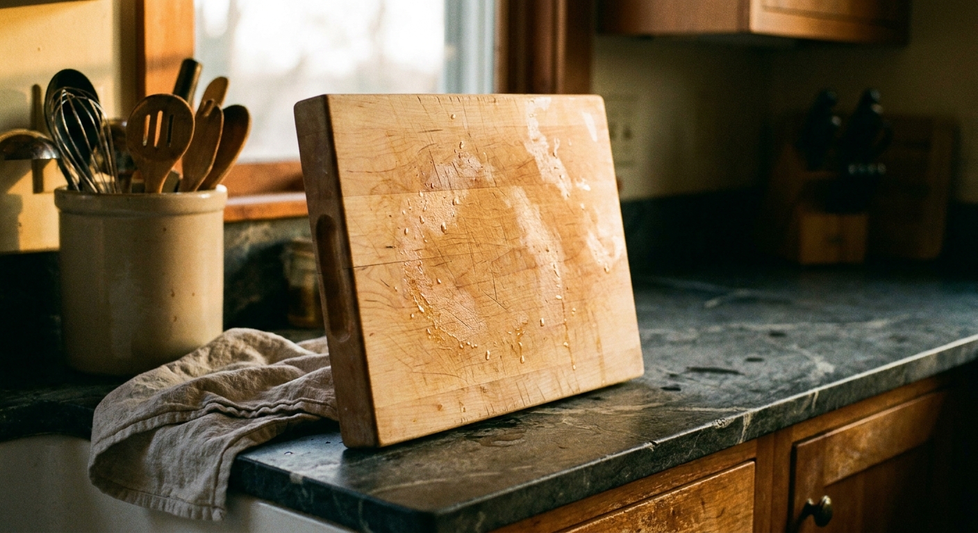 A real photo of a wood cutting board drying upright on its edge on a kitchen counter near a dish towel, evening ambient light