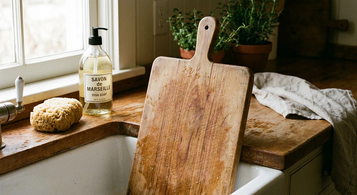 A real photo of a wood cutting board standing upright to dry beside a kitchen sink, with a soft sponge and dish soap nearby, warm natural light