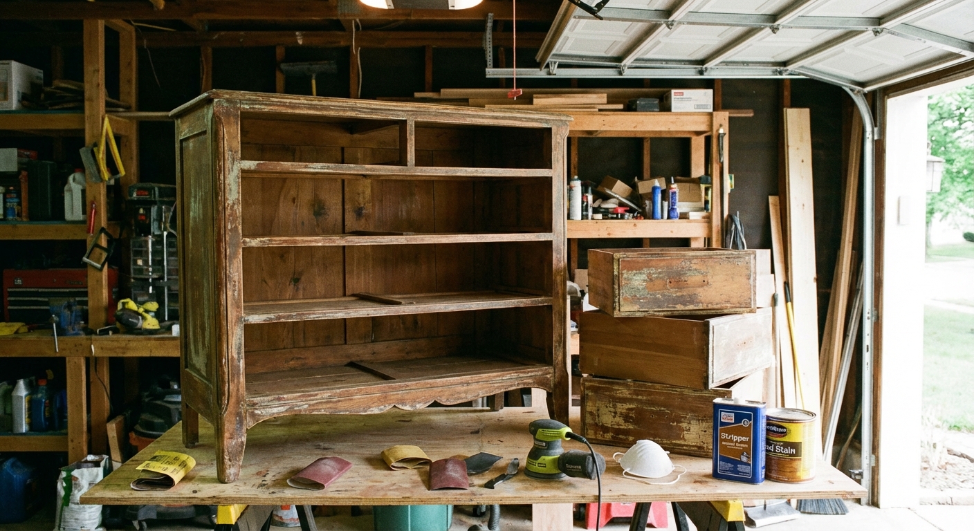 A real photo of a wooden dresser with all drawers removed, placed in a garage workspace ready for sanding and refinishing