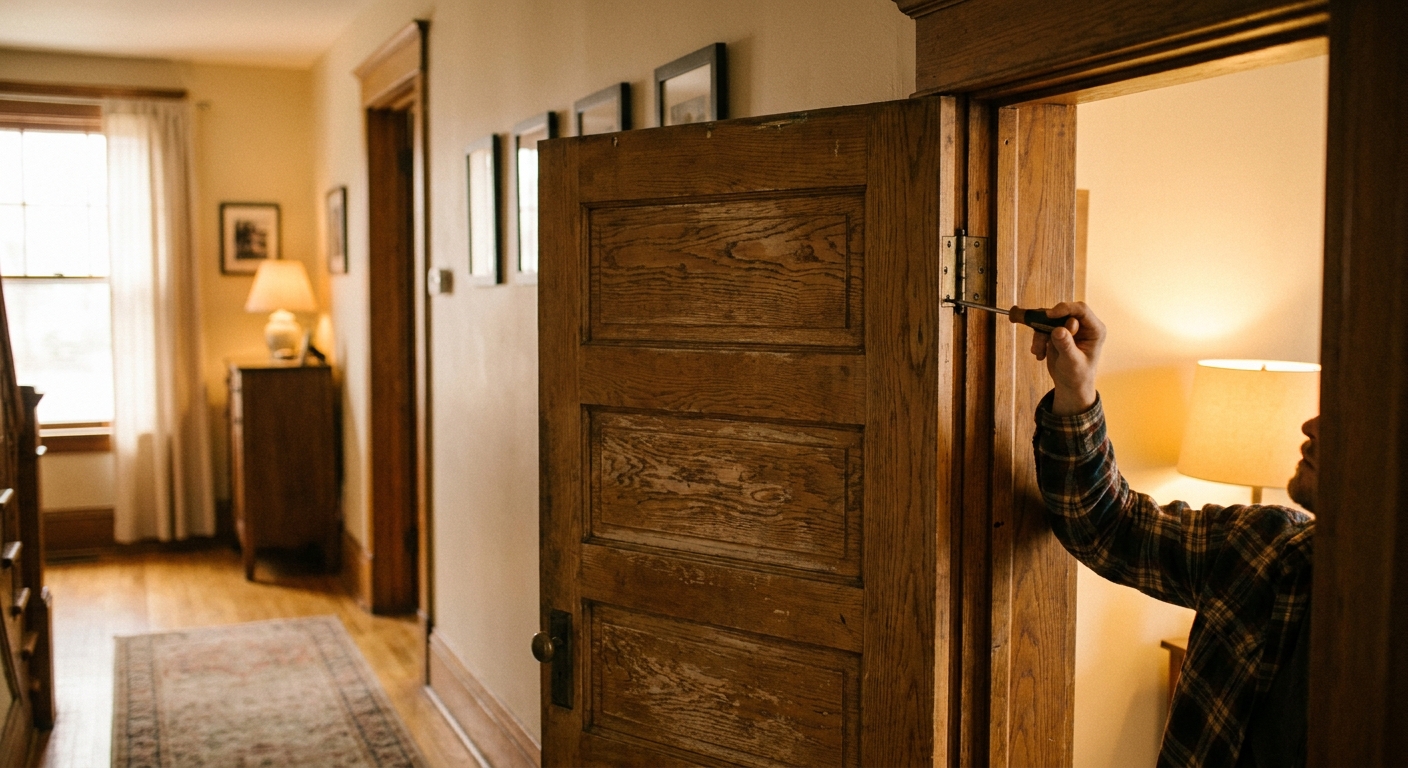 A real photo of a wooden interior door slightly open while a person tightens the top hinge screws with a screwdriver in a warm, softly lit hallway
