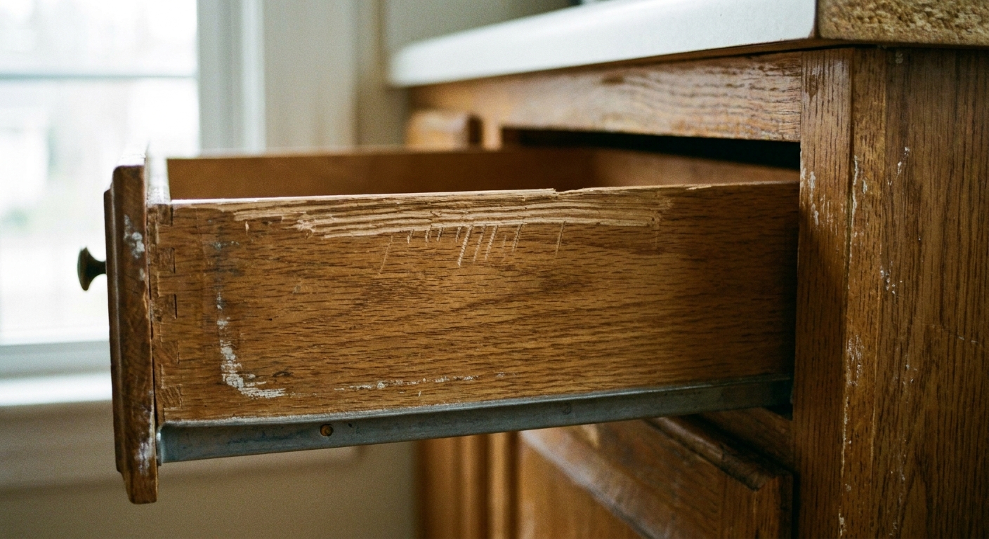 A real photo of a wooden kitchen drawer side with visible scrape marks where it has been rubbing against the cabinet frame